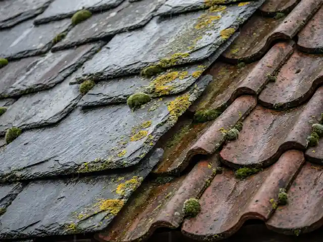 Gros plan d'une couverture ancienne mêlant ardoise naturelle et tuiles couvertes de mousse